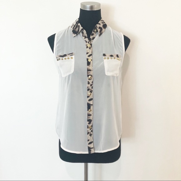 Tops - Ivory Leopard Trim Tank with Gold Studs